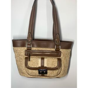 Chaps Women's Faux Straw Leather Trim Shoulder Bag Purse Brown OS NWOT